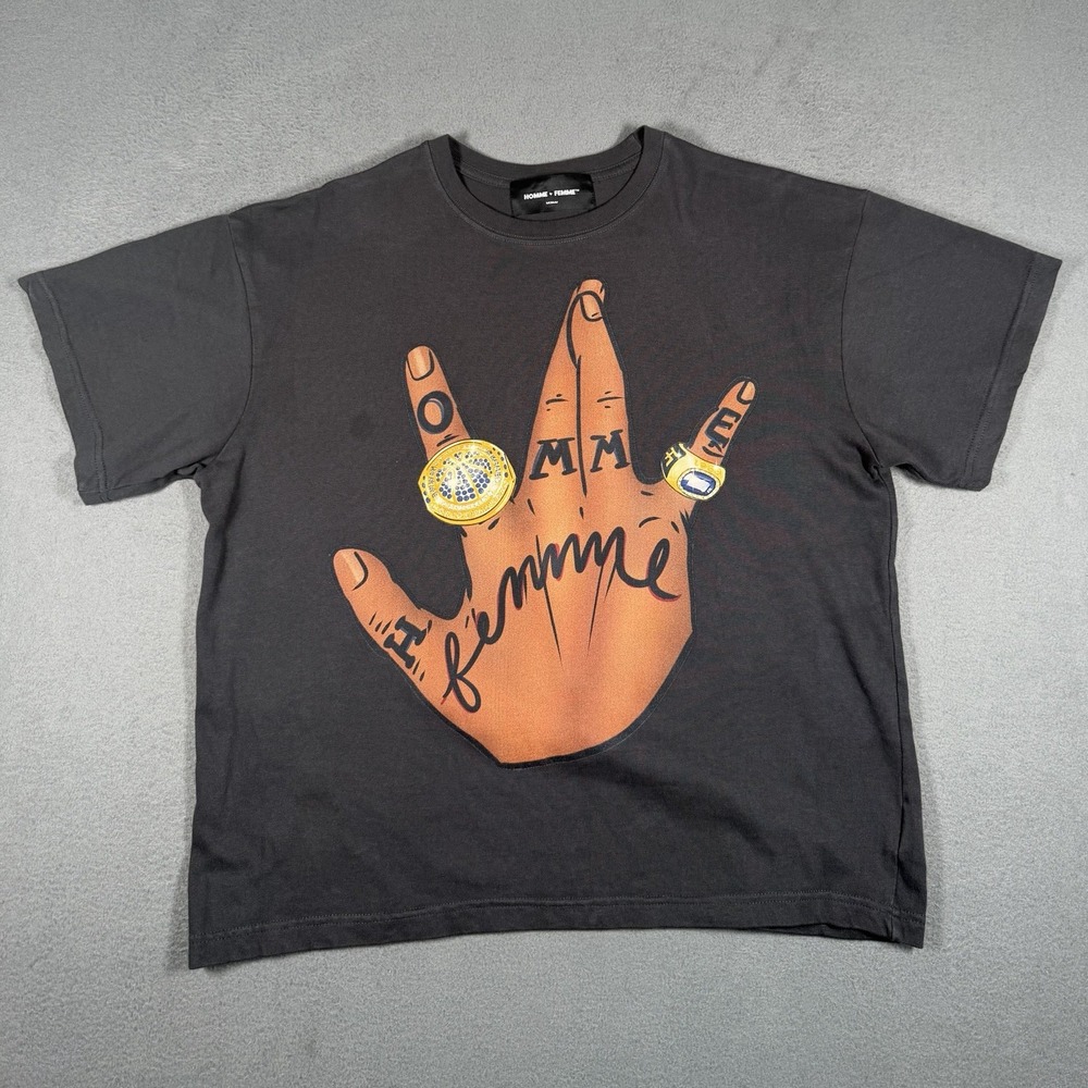 Homme Femme Twisted Champs Graphic T-Shirt Charcoal Grey Mens Size M